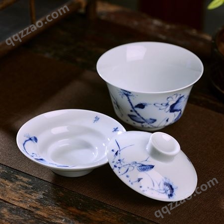 景德镇陶瓷盖碗泡茶碗 中式青花三才盖碗套装